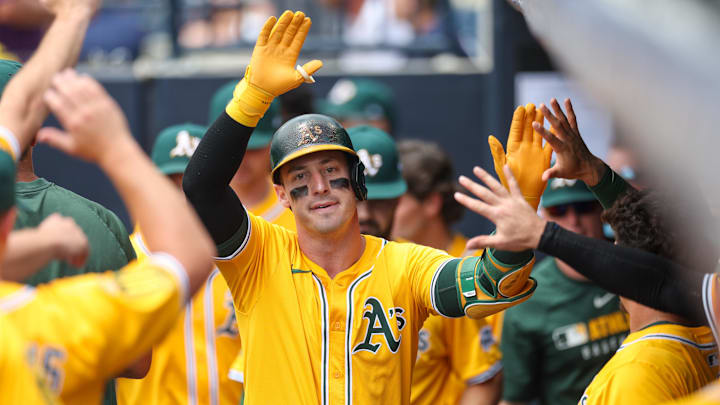 Jul 2, 2025; Tampa, Florida, USA; Athletics right fielder Brent Rooker (25) reacts after hitting a home run against the Tampa Bay Rays in the first inning at George M. Steinbrenner Field. Mandatory Credit: Nathan Ray Seebeck-Imagn Images
