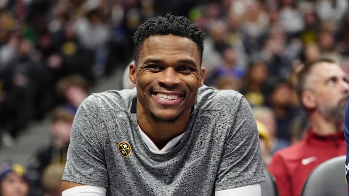 Dec 28, 2024; Denver, Colorado, USA; Denver Nuggets guard Russell Westbrook (4) reacts from the bench in the second half against the Detroit Pistons at Ball Arena. Mandatory Credit: Ron Chenoy-Imagn Images Dec 28, 2024; Denver, Colorado, USA; Denver Nuggets guard Russell Westbrook (4) reacts from the bench in the second half against the Detroit Pistons at Ball Arena. Mandatory Credit: Ron Chenoy-Imagn Images