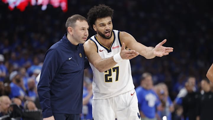 May 18, 2025; Oklahoma City, Oklahoma, USA; Denver Nuggets guard Jamal Murray (27) talks to head coach David Adelman in the second quarter against the Oklahoma City Thunder during game seven of the second round for the 2025 NBA Playoffs at Paycom Center. Mandatory Credit: Alonzo Adams-Imagn Images