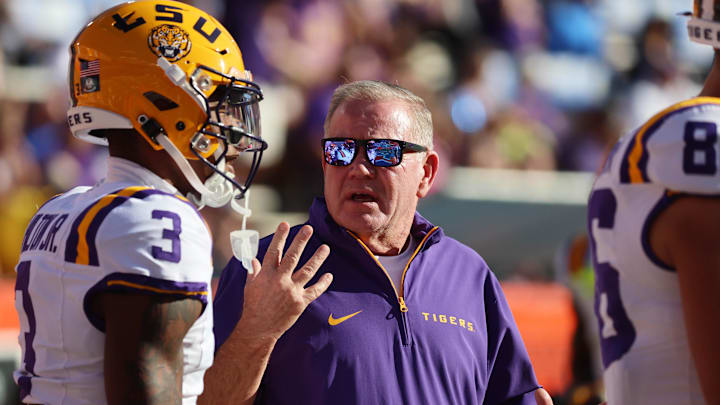 Nov 16, 2024; Gainesville, Florida, USA;LSU Tigers head coach Brian Kelly gestures prior to the game against the Florida Gators at Ben Hill Griffin Stadium. Mandatory Credit: Kim Klement Neitzel-Imagn Images