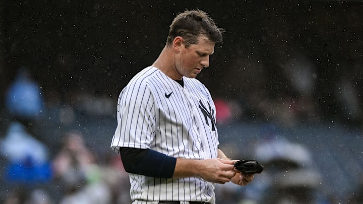 Sep 24, 2023; Bronx, New York, USA; New York Yankees third baseman DJ LeMahieu (26) reacts after the