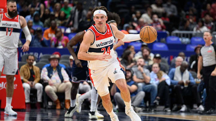 Nov 27, 2024; Washington, District of Columbia, USA; Washington Wizards forward Corey Kispert (24) dribbles the ball up the court during the second quarter against the LA Clippers at Capital One Arena. Mandatory Credit: Reggie Hildred-Imagn Images