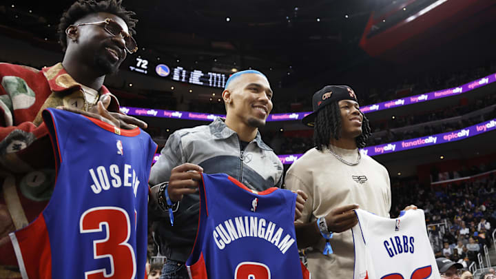Detroit Lions safety Kerby Joseph (left to right) wide receiver Amon-Ra St. Brown and running back Jahmyr Gibbs at LCA 