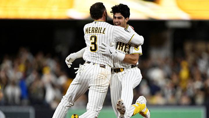 Sep 19, 2026; San Diego, California, USA; San Diego Padres pinch hitter Ethan Salas (8) celebrates with center fielder Jackson Merrill (3) after hitting a walk-off single during the tenth inning against the Miami Marlins at Petco Park. Mandatory Credit: Denis Poroy-Imagn Images TPX IMAGES OF THE DAY Sep 19, 2026; San Diego, California, USA; San Diego Padres pinch hitter Ethan Salas (8) celebrates with center fielder Jackson Merrill (3) after hitting a walk-off single during the tenth inning against the Miami Marlins at Petco Park. Mandatory Credit: Denis Poroy-Imagn Images TPX IMAGES OF THE DAY