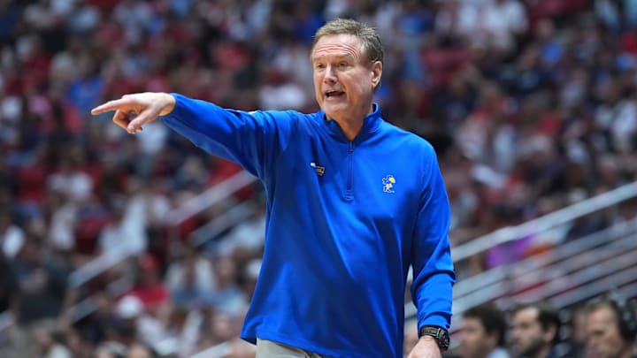 Mar 22, 2026; San Diego, CA, USA; Kansas Jayhawks head coach Bill Self reacts in the first half against the St. John's Red Storm during a second round game of the men's 2026 NCAA Tournament at Viejas Arena.