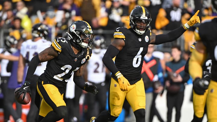 Pittsburgh Steelers defenders DeShon Elliott and Patrick Queen celebrate a fumble recovery against the Baltimore Ravens. Pittsburgh Steelers defenders DeShon Elliott and Patrick Queen celebrate a fumble recovery against the Baltimore Ravens.