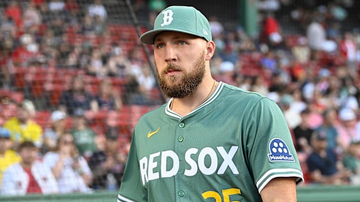 May 16, 2025; Boston, Massachusetts, USA; Boston Red Sox starting pitcher Garrett Crochet (35) walks out of the dugout before the start of a game against the Atlanta Braves at Fenway Park. Mandatory Credit: Eric Canha-Imagn Images 