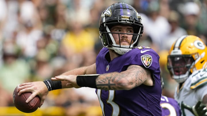 Aug 24, 2024; Green Bay, Wisconsin, USA; Baltimore Ravens quarterback Devin Leary (13) throws a pass during the third quarter against the Green Bay Packers at Lambeau Field. Mandatory Credit: Jeff Hanisch-Imagn Images Aug 24, 2024; Green Bay, Wisconsin, USA; Baltimore Ravens quarterback Devin Leary (13) throws a pass during the third quarter against the Green Bay Packers at Lambeau Field. Mandatory Credit: Jeff Hanisch-Imagn Images