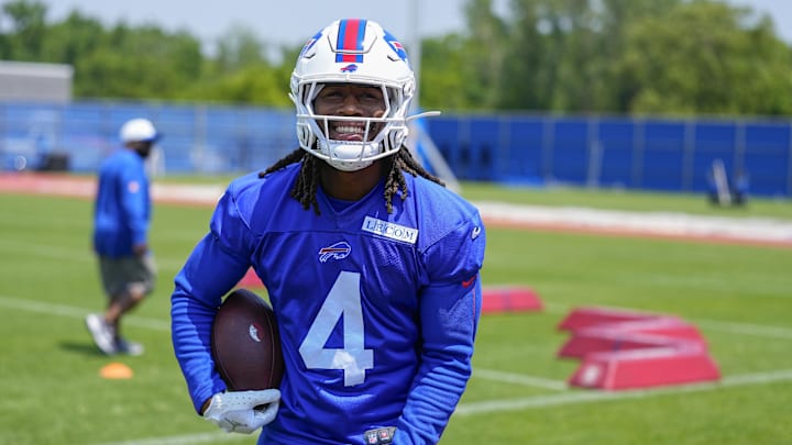 Jun 11, 2025; Orchard Park, NY, USA; Buffalo Bills running back James Cook (4) during Minicamp at Highmark Stadium. Mandatory Credit: Gregory Fisher-Imagn Images