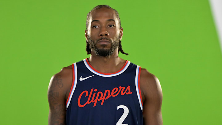 Sep 30, 2024; Inglewood, CA, USA;  Los Angeles Clippers forward Kawhi Leonard (2) during media day at Intuit Dome. Mandatory Credit: Jayne Kamin-Oncea-Imagn Images