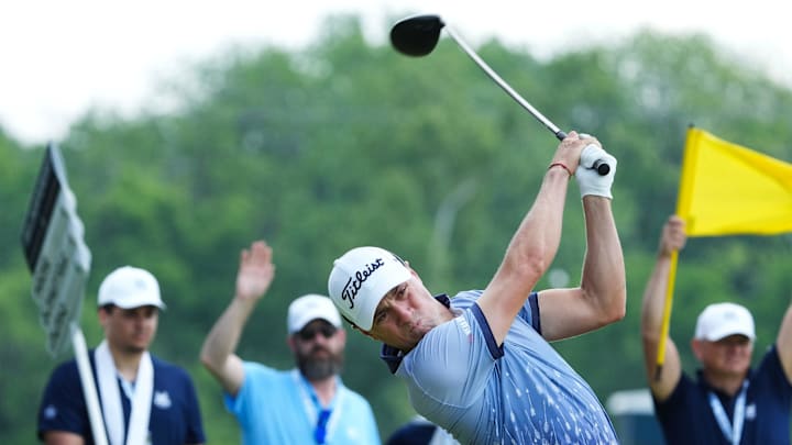 Justin Thomas tees off on the 5th hole during the first day of play in the PGA Championship at the
