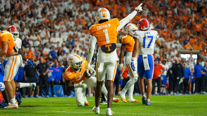 Tennessee defensive back Rickey Gibson III (1) points after a fumble during a NCAA football game between Tennessee and Florida in Neyland Stadium, in Knoxville, Tenn., Oct. 12, 2024.