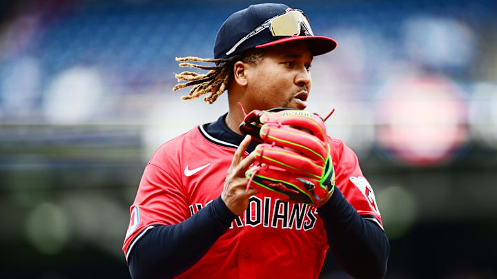 Apr 26, 2025; Cleveland, Ohio, USA; Cleveland Guardians third baseman Jose Ramirez (11) makes a play on a ball hit by Boston Red Sox shortstop Trevor Story (not pictured) during the first inning at Progressive Field. Mandatory Credit: Ken Blaze-Imagn Images Apr 26, 2025; Cleveland, Ohio, USA; Cleveland Guardians third baseman Jose Ramirez (11) makes a play on a ball hit by Boston Red Sox shortstop Trevor Story (not pictured) during the first inning at Progressive Field. Mandatory Credit: Ken Blaze-Imagn Images