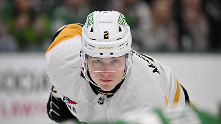 Apr 5, 2025; Dallas, Texas, USA; Pittsburgh Penguins right wing Rutger McGroarty (2) waits for the face-off against the Dallas Stars during the first period at the American Airlines Center. Mandatory Credit: Jerome Miron-Imagn Images