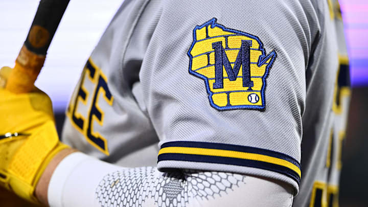 Jul 20, 2023; Philadelphia, Pennsylvania, USA; A view of the Milwaukee Brewers logo as seen on outfielder Jesse Winker (33) against the Philadelphia Phillies in the sixth inning at Citizens Bank Park. Mandatory Credit: Kyle Ross-Imagn Images