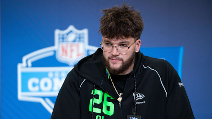 Oregon offensive lineman Alex Harkey speaks to members of the media during the NFL Combine at the Indiana Convention Center. 