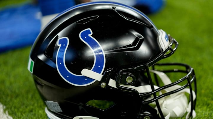 A black Indianapolis Colts helmet sits on the turf Sunday, Nov. 24, 2024, during a game against the Detroit Lions at Lucas Oil Stadium in Indianapolis. A black Indianapolis Colts helmet sits on the turf Sunday, Nov. 24, 2024, during a game against the Detroit Lions at Lucas Oil Stadium in Indianapolis.