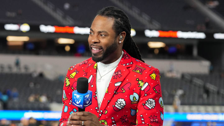 Dec 21, 2023; Inglewood, California, USA; Amazon Prime Thursday Night Football analyst Richard Sherman during the game between the Los Angeles Rams and the New Orleans Saints SoFi Stadium. Mandatory Credit: Kirby Lee-Imagn Images Dec 21, 2023; Inglewood, California, USA; Amazon Prime Thursday Night Football analyst Richard Sherman during the game between the Los Angeles Rams and the New Orleans Saints SoFi Stadium. Mandatory Credit: Kirby Lee-Imagn Images