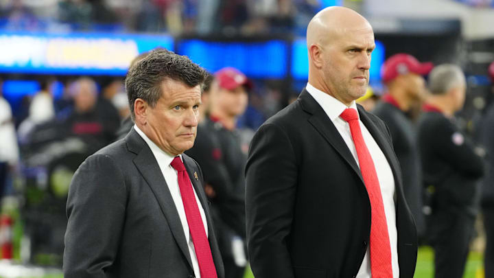 Dec 28, 2024; Inglewood, California, USA; Arizona Cardinals owner Michael Bidwill (left) and general manager Monti Ossenfort watches from the sidelines against the Los Angeles Rams at SoFi Stadium. Mandatory Credit: Kirby Lee-Imagn Images