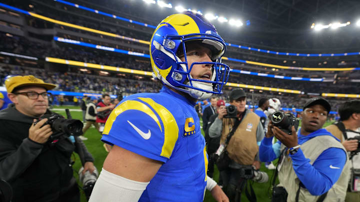 Dec 28, 2024; Inglewood, California, USA; Los Angeles Rams quarterback Matthew Stafford (9) reacts after the game against the Arizona Cardinals at SoFi Stadium. Mandatory Credit: Kirby Lee-Imagn Images