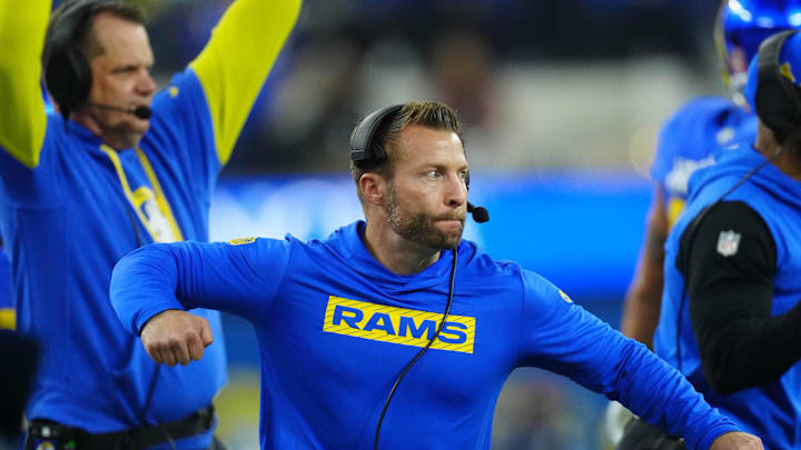 Dec 28, 2024; Inglewood, California, USA; Los Angeles Rams coach Sean McVay reacts against the Arizona Cardinals in the first half at SoFi Stadium. Mandatory Credit: Kirby Lee-Imagn Images Dec 28, 2024; Inglewood, California, USA; Los Angeles Rams coach Sean McVay reacts against the Arizona Cardinals in the first half at SoFi Stadium. Mandatory Credit: Kirby Lee-Imagn Images
