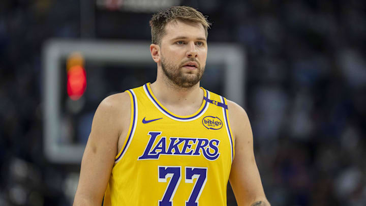 Los Angeles Lakers guard Luka Doncic (77) looks on against the Minnesota Timberwolves in the first half during game three of first round for the 2024 NBA Playoffs at Target Center.