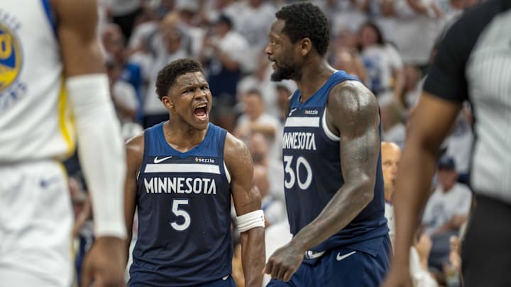 May 14, 2025; Minneapolis, Minnesota, USA; Minnesota Timberwolves guard Anthony Edwards (5) celebrates with Minnesota Timberwolves forward Julius Randle (30) after making a shot against the Golden State Warriors in the first half during game five of the second round for the 2025 NBA Playoffs at Target Center. Mandatory Credit: Jesse Johnson-Imagn Images May 14, 2025; Minneapolis, Minnesota, USA; Minnesota Timberwolves guard Anthony Edwards (5) celebrates with Minnesota Timberwolves forward Julius Randle (30) after making a shot against the Golden State Warriors in the first half during game five of the second round for the 2025 NBA Playoffs at Target Center. Mandatory Credit: Jesse Johnson-Imagn Images