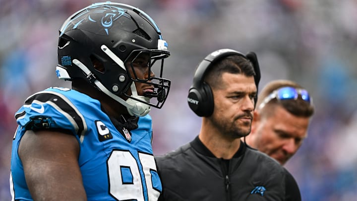 Carolina Panthers head coach Dave Canales and defensive lineman Derrick Brown Carolina Panthers head coach Dave Canales and defensive lineman Derrick Brown