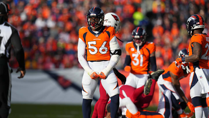 Dec 18, 2022; Denver, Colorado, USA; Denver Broncos linebacker Baron Browning (56) reacts to a play in the first quarter against the Arizona Cardinals at Empower Field at Mile High. Mandatory Credit: Ron Chenoy-Imagn Images