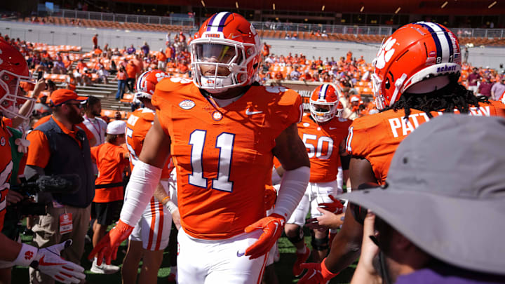 Sep 23, 2023; Clemson, South Carolina, USA; Clemson Tigers defensive tackle Peter Woods (11) enters the field prior to a game against the Florida State Seminoles at Memorial Stadium. Mandatory Credit: David Yeazell-Imagn Images