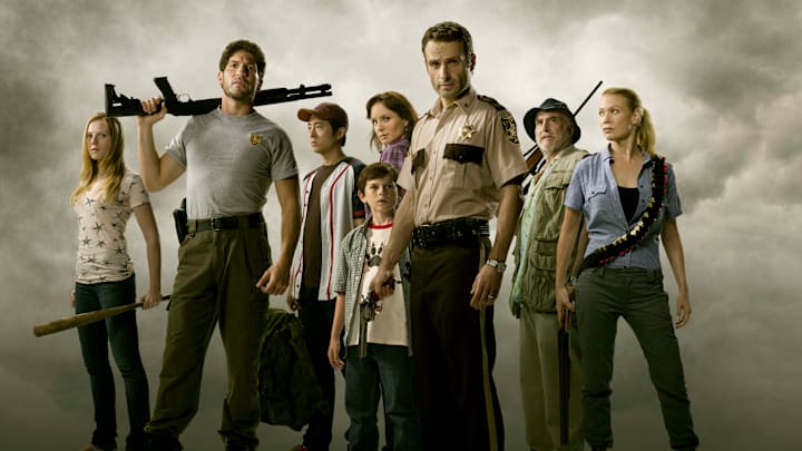 Amy (Emma Bell), Shane Walsh (Jon Bernthal), Glenn (Steven Yeun), Carl Grimes (Chandler Riggs), Lori Grimes (Sarah Wayne Callies), Rick Grimes (Andrew Lincoln), Dale (Jeffrey DeMunn) and Andrea (Laurie Holden) - The Walking Dead - Season 1 - Photo Credit: Matthew Welch / AMC