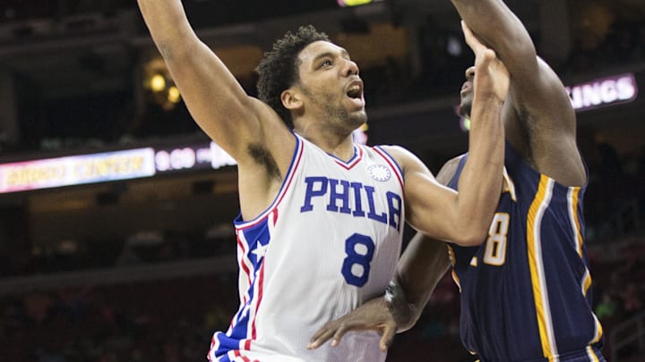 Nov 18, 2015; Philadelphia, PA, USA; Philadelphia 76ers center Jahlil Okafor (8) shoots past Indiana Pacers center Ian Mahinmi (28) during the second half at Wells Fargo Center. The Pacers won 112-85. Mandatory Credit: Bill Streicher-Imagn Images