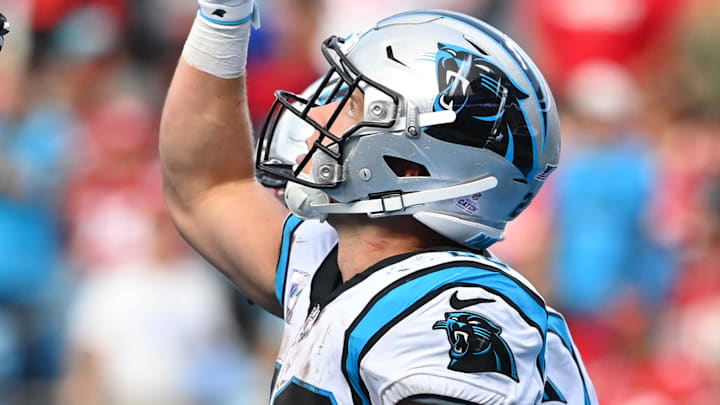 Oct 9, 2022; Charlotte, North Carolina, USA; Carolina Panthers running back Christian McCaffrey (22) reacts after running for. touchdown in the third quarter in the third quarter at Bank of America Stadium. Mandatory Credit: Bob Donnan-Imagn Images