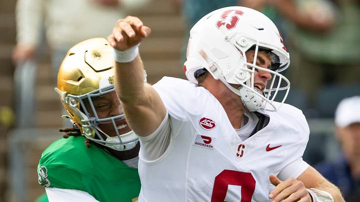 Oct 10, 2026; South Bend, Indiana, USA; Notre Dame Fighting Irish defensive lineman Boubacar Traore (5) forces Stanford Cardinal quarterback Davis Warren (8) to fumble during the first half at Notre Dame Stadium. Oct 10, 2026; South Bend, Indiana, USA; Notre Dame Fighting Irish defensive lineman Boubacar Traore (5) forces Stanford Cardinal quarterback Davis Warren (8) to fumble during the first half at Notre Dame Stadium.