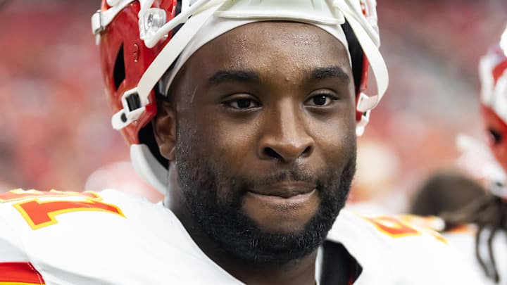 Aug 9, 2025; Glendale, Arizona, USA; Kansas City Chiefs defensive end Felix Anudike-Uzomah (91) against the Arizona Cardinals during a preseason NFL game at State Farm Stadium. Mandatory Credit: Mark J. Rebilas-Imagn Images
