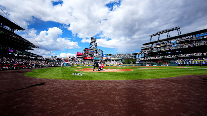 Sep 21, 2025; Denver, Colorado, USA; General view of the first inning between the Los Angeles Angels against the Colorado Rockies at Coors Field. Mandatory Credit: Ron Chenoy-Imagn Images