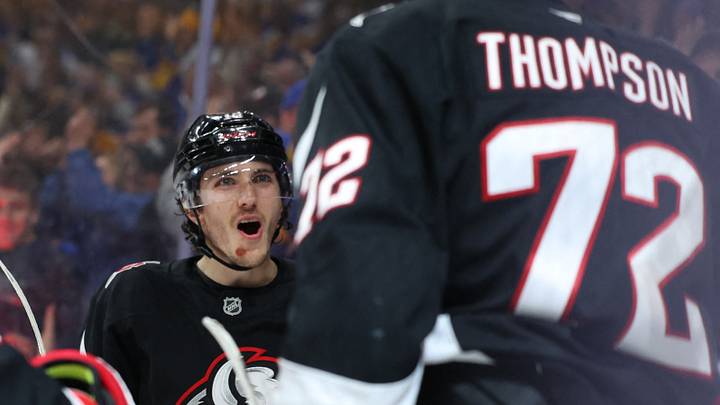 Jan 10, 2026; Buffalo, New York, USA; Buffalo Sabres center Peyton Krebs (19) reacts after center Tage Thompson (72) scores a goal during the second period against the Anaheim Ducks at KeyBank Center. Mandatory Credit: Timothy T. Ludwig-Imagn Images Jan 10, 2026; Buffalo, New York, USA; Buffalo Sabres center Peyton Krebs (19) reacts after center Tage Thompson (72) scores a goal during the second period against the Anaheim Ducks at KeyBank Center. Mandatory Credit: Timothy T. Ludwig-Imagn Images