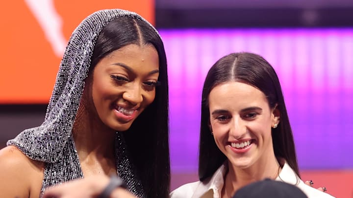 Apr 15, 2024; Brooklyn, NY, USA; Angel Reese and Caitlin Clark pose for photos before the 2024 WNBA Draft at Brooklyn Academy of Music. Mandatory Credit: Brad Penner-Imagn Images Apr 15, 2024; Brooklyn, NY, USA; Angel Reese and Caitlin Clark pose for photos before the 2024 WNBA Draft at Brooklyn Academy of Music. Mandatory Credit: Brad Penner-Imagn Images