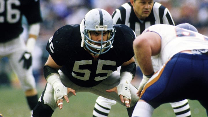 Dec 27, 1987; Los Angeles, CA, USA; FILE PHOTO; Los Angeles Raiders linebacker Matt Millen (55) in action against the Chicago Bears at Los Angeles Memorial Coliseum. Mandatory Credit: Imagn Images