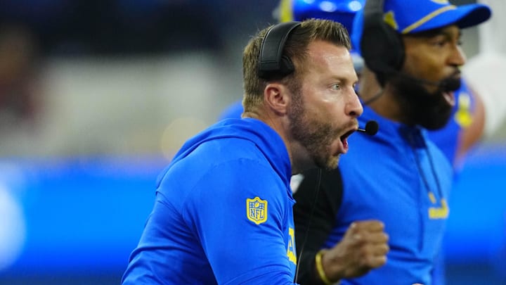 Dec 28, 2024; Inglewood, California, USA; Los Angeles Rams coach Sean McVay reacts against the Arizona Cardinals in the first half at SoFi Stadium. Mandatory Credit: Kirby Lee-Imagn Images