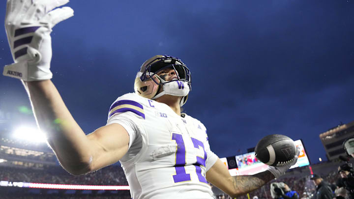 Nov 8, 2025; Madison, Wisconsin, USA; Washington Huskies wide receiver Denzel Boston (12) celebrates after scoring a touchdown during the second quarter against the Wisconsin Badgers at Camp Randall Stadium. Mandatory Credit: Jeff Hanisch-Imagn Images Nov 8, 2025; Madison, Wisconsin, USA; Washington Huskies wide receiver Denzel Boston (12) celebrates after scoring a touchdown during the second quarter against the Wisconsin Badgers at Camp Randall Stadium. Mandatory Credit: Jeff Hanisch-Imagn Images