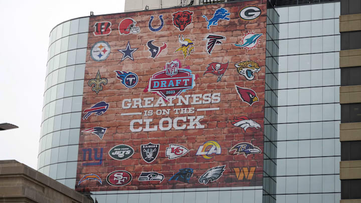 Apr 26, 2023; Kansas City, MO, USA; Signage promoting the 2023 NFL Draft with team logos in