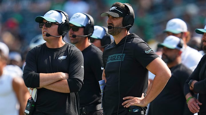 Offensive Coordinator Kellen Moore (L), Head Coach Nick Sirianni (R) - Philadelphia Eagles Offensive Coordinator Kellen Moore (L), Head Coach Nick Sirianni (R) - Philadelphia Eagles