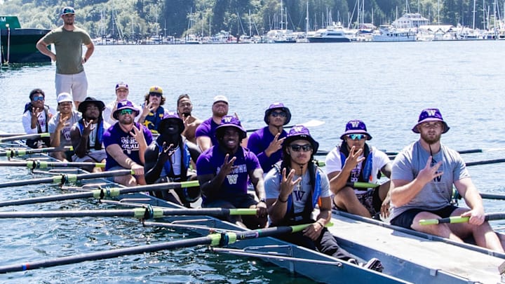 Husky football players gave rowing a try on Lake Union. Husky football players gave rowing a try on Lake Union.