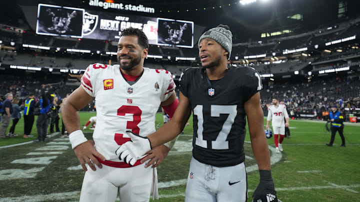 New York Giants quarterback Russell Wilson (3) and Las Vegas Raiders wide receiver Tyler Lockett (17).