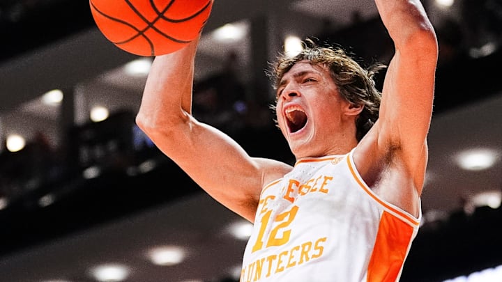 Tennessee forward Cade Phillips (12) dunks the ball during a college basketball game between Tennessee and Norfolk State held at Thompson-Boling Arena at Food City Center in Knoxville, Tenn., on Tuesday, Dec. 31, 2024. Tennessee forward Cade Phillips (12) dunks the ball during a college basketball game between Tennessee and Norfolk State held at Thompson-Boling Arena at Food City Center in Knoxville, Tenn., on Tuesday, Dec. 31, 2024.