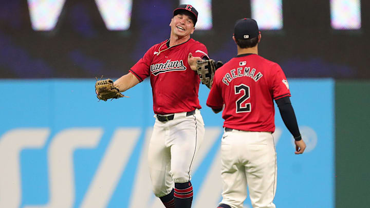 Cleveland Guardians right fielder Will Brennan, left, celebrates with Cleveland Guardians centerfielder Tyler Freeman (2) after beating the Seattle Mariners in an MLB game at Progressive Field, Wednesday, June 19, 2024, in Cleveland, Ohio. Cleveland Guardians right fielder Will Brennan, left, celebrates with Cleveland Guardians centerfielder Tyler Freeman (2) after beating the Seattle Mariners in an MLB game at Progressive Field, Wednesday, June 19, 2024, in Cleveland, Ohio.