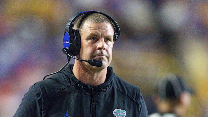 Sep 13, 2025; Baton Rouge, Louisiana, USA;  Florida Gators head coach Billy Napier looks on against the LSU Tigers during the second half at Tiger Stadium. Mandatory Credit: Stephen Lew-Imagn Images