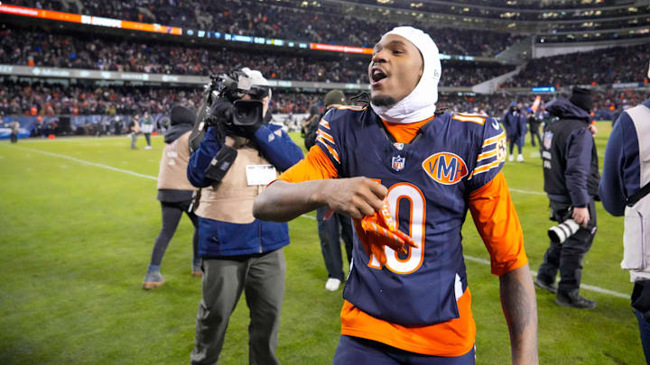 Jan 10, 2026; Chicago, IL, USA;  Chicago Bears wide receiver Luther Burden III (10) leaves the field following a game against the Green Bay Packers in an NFC Wild Card Round game at Soldier Field. Mandatory Credit: David Banks-Imagn Images