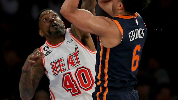 Feb 2, 2023; New York, New York, USA; Miami Heat forward Udonis Haslem (40) blocks a shot by New York Knicks guard Quentin Grimes (6) during the first quarter at Madison Square Garden. Mandatory Credit: Brad Penner-Imagn Images
